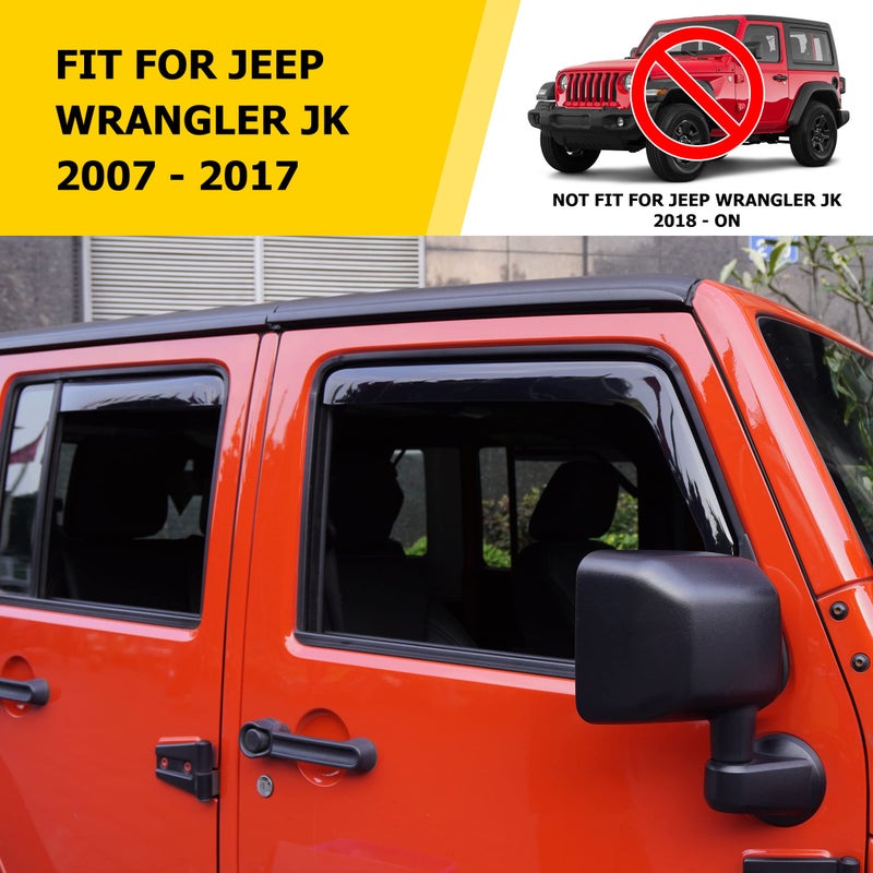 AUXMART 4Pcs Side Window Deflector Wind Rain Shade Visor Guard for 2007-2017 4-Door Jeep Wrangler JK Vent Visor Window Rain Guards for JK Wrangler 4 Door 2007-2017(Not for JL) - Image 2